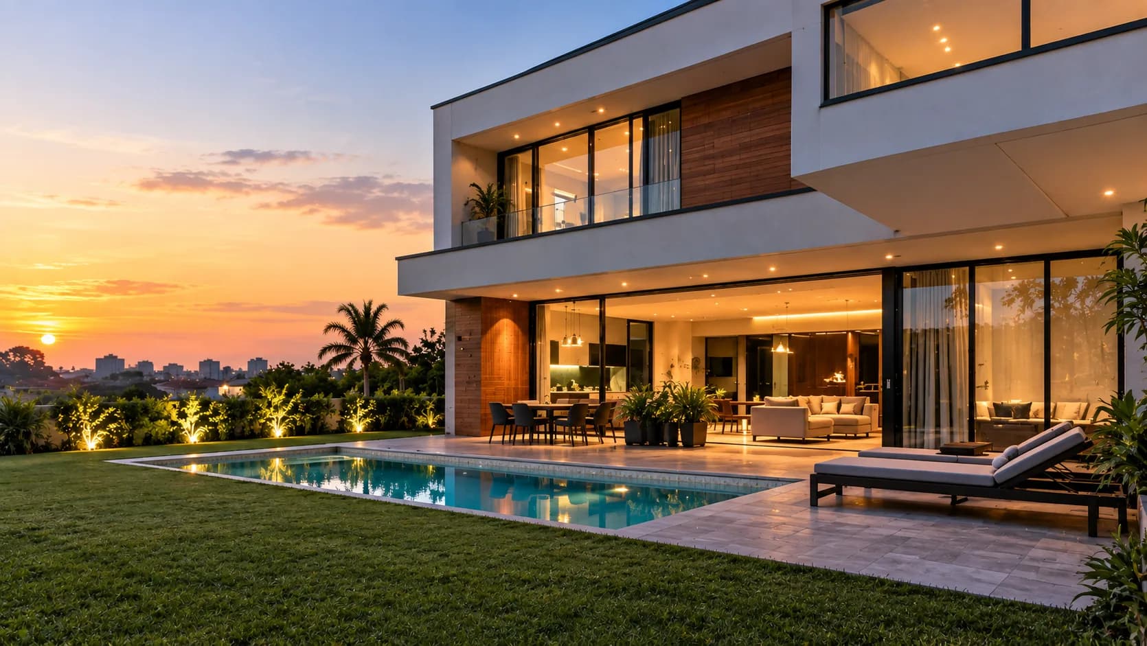 Exemplo de site publicado com o MeuImo: casa moderna com piscina ao pôr do sol